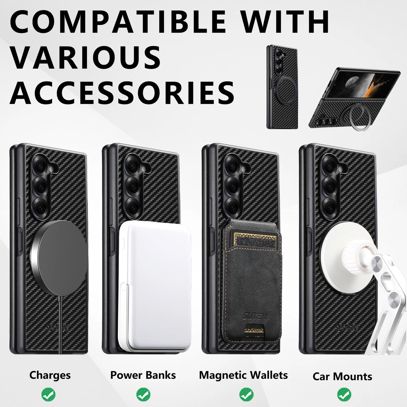 RingGlide Fold 7,6,5 Ultra-Slim Leather Carbon-effect MagSafe 360° ring Stand case