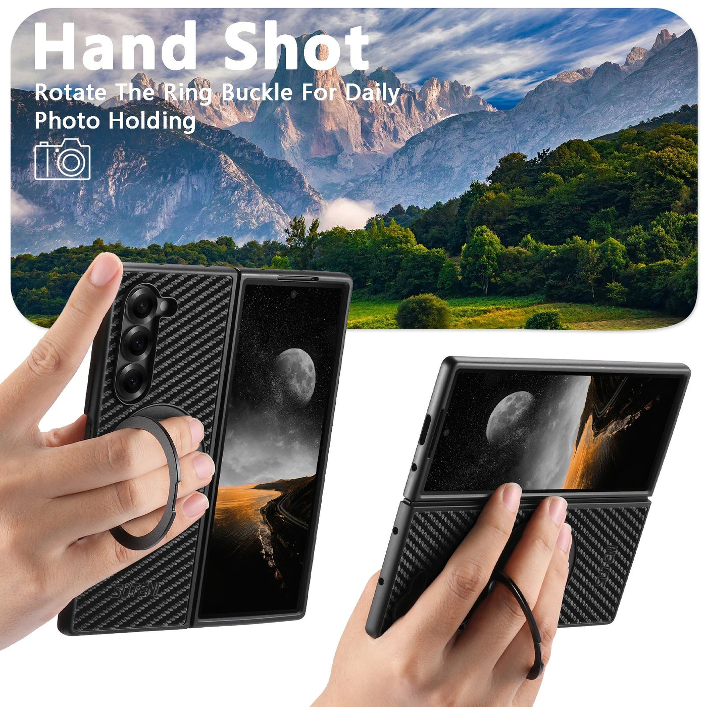 RingGlide Fold 7,6,5 Ultra-Slim Leather Carbon-effect MagSafe 360° ring Stand case