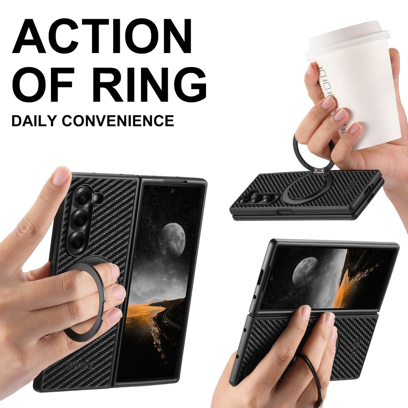 RingGlide Fold 7,6,5 Ultra-Slim Leather Carbon-effect MagSafe 360° ring Stand case