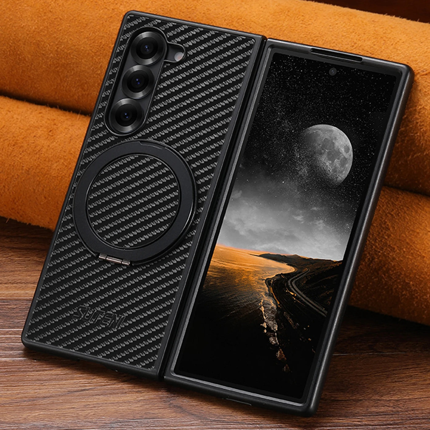 RingGlide Fold 7,6,5 Ultra-Slim Leather Carbon-effect MagSafe 360° ring Stand case