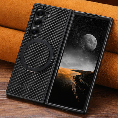 RingGlide Fold 7,6,5 Ultra-Slim Leather Carbon-effect MagSafe 360° ring Stand case