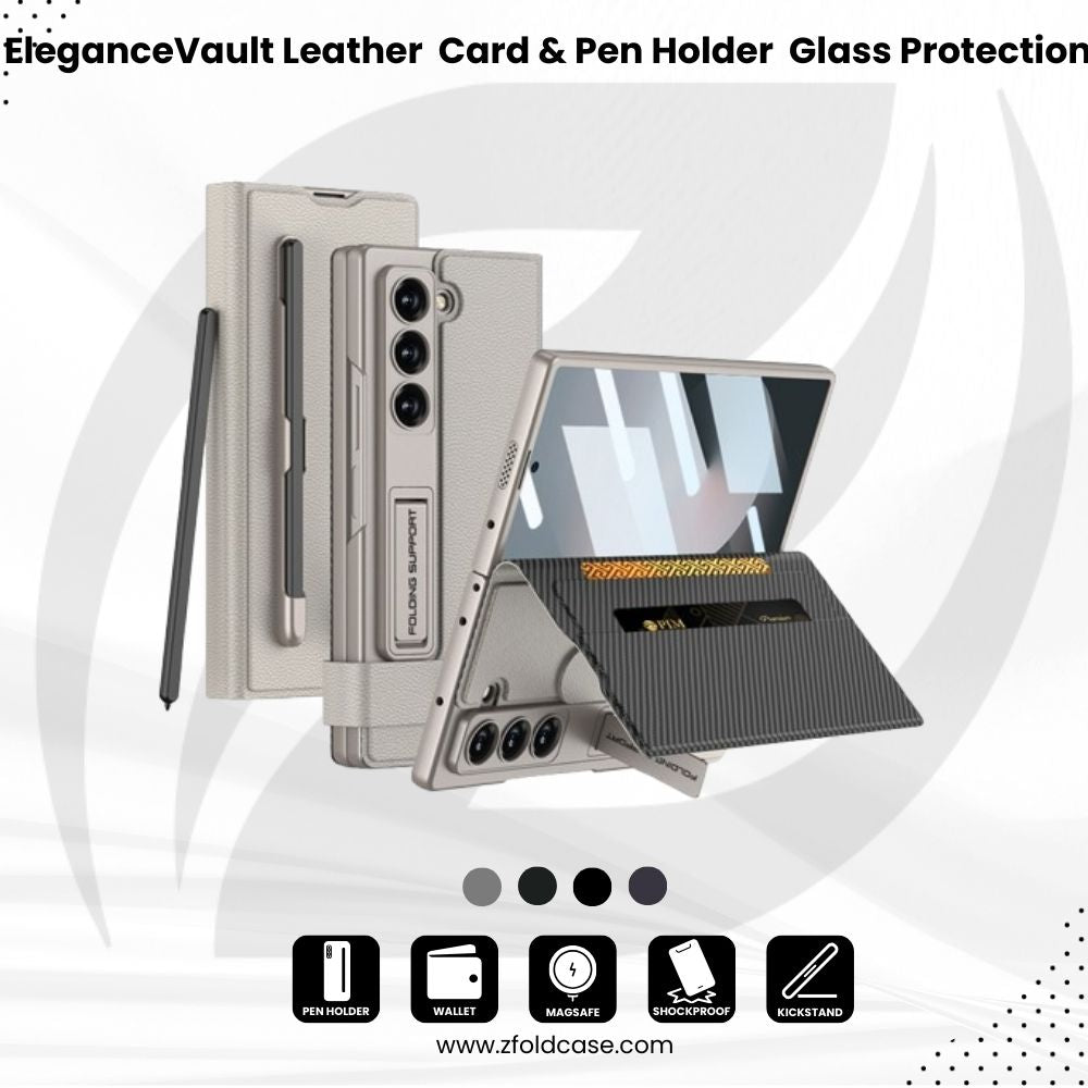 EleganceVault Leather  Z Fold 6,5  Card & Pen Holder with Glass Protection Case