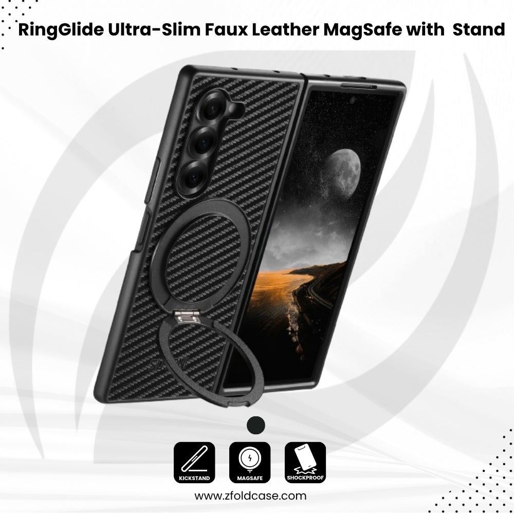 RingGlide Fold 7,6,5 Ultra-Slim Leather Carbon-effect MagSafe 360° ring Stand case