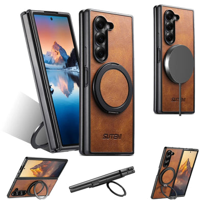HeritageSpin –  Z Fold 7, 6, 5 Vintage Leather 360° Kickstand Case