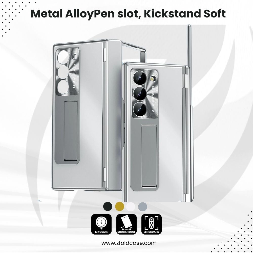 Metal Alloy Z Fold 6, 5 Pen slot, Kickstand Soft Case